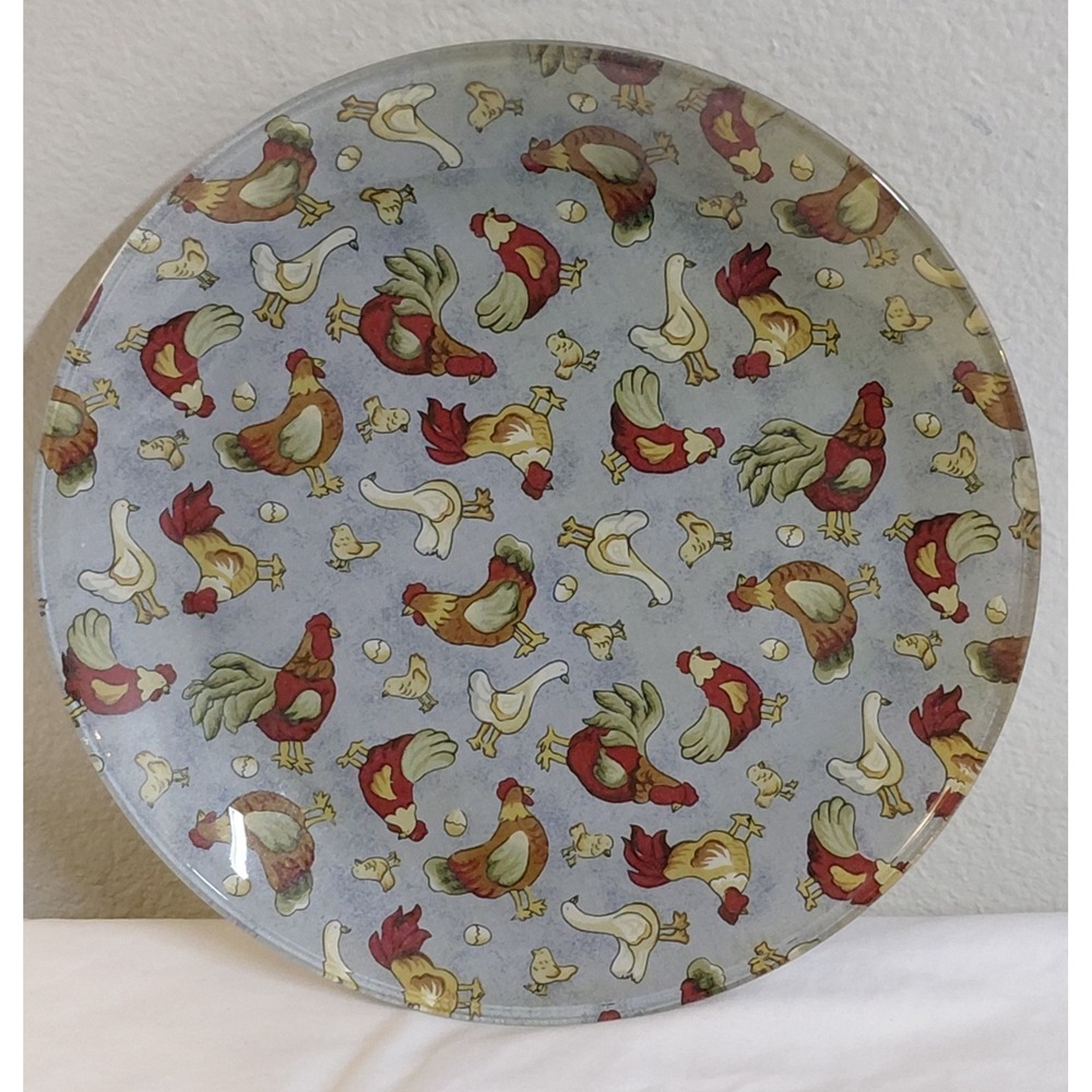 Vintage Rooster Glass Plate 10" Round Decoupage Country Farmhouse Serving Dish
